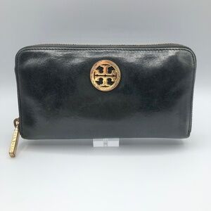 Tory Burch Black Leather Zipper Wallet with gold accents